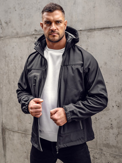 XAYWEAR men black jacket with zipper front and hood worn by male model in white shirt