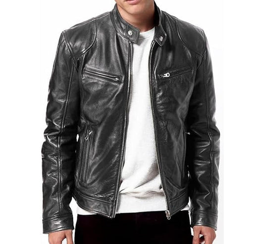 XAYWEAR black biker leather jacket for men with zippered pockets and stand collar