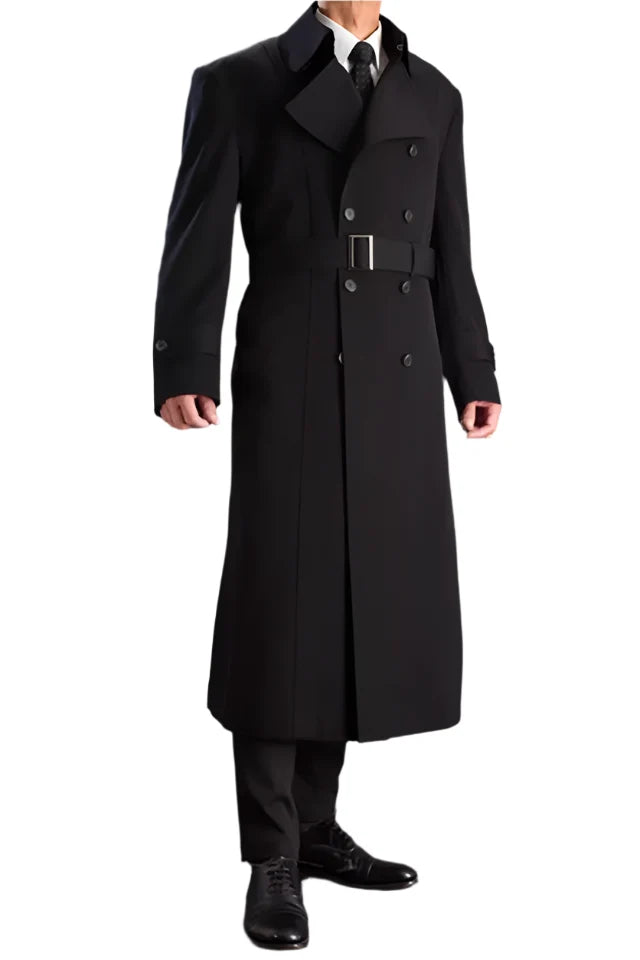 Stylish men's black double breasted trench coat with belt detail for formal occasions