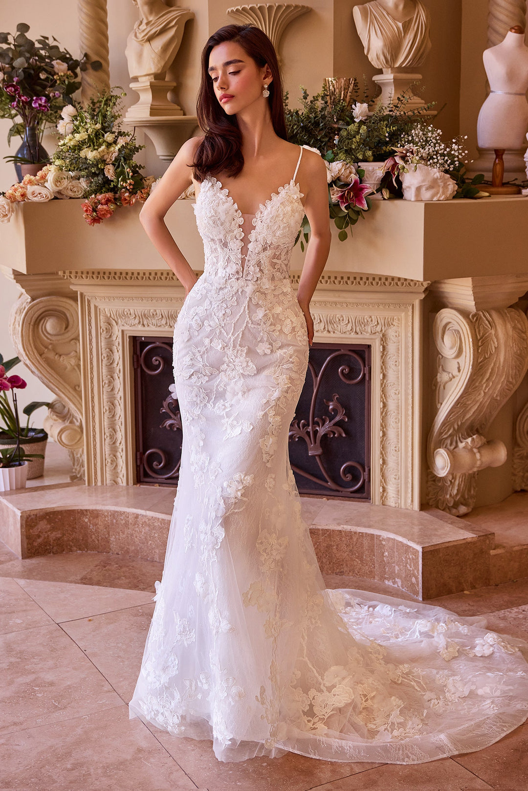 XAYWEAR elegant mermaid bridal gown with lace details and deep neckline on model in classic interior