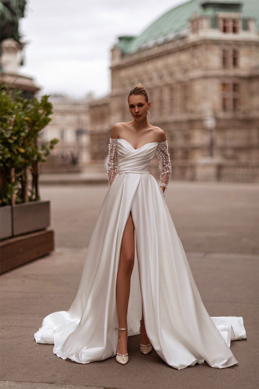 XAYWEAR elegant off shoulder wedding dress with lace sleeves and thigh-high slit in satin fabric