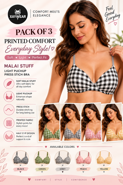 XAYWEAR Heavenly Curves Soft Half Cup Style Push-Up Checkered Bras - PACK OF 3
