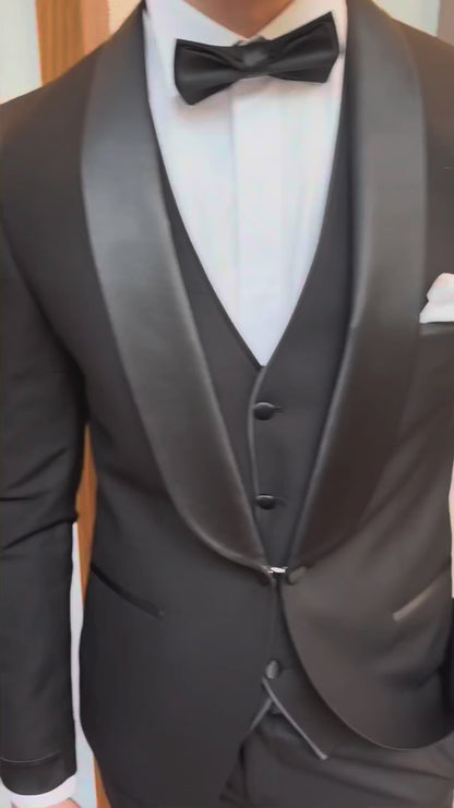 XAYWEAR Men's Stylish Formal Black Slim-Fit Tuxedo 3-Piece Suit