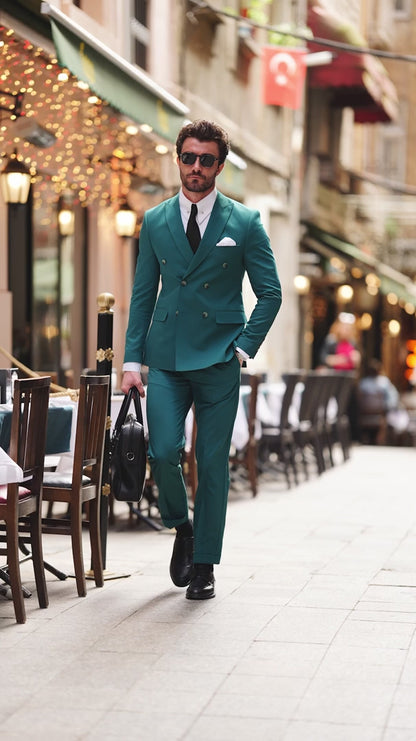 XAYWEAR Green  Double Breasted Suit 2-Piece For Men
