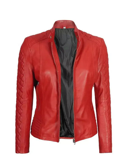 XAYWEAR red leather jacket for women biker jacket with quilted sleeves and front zipper
