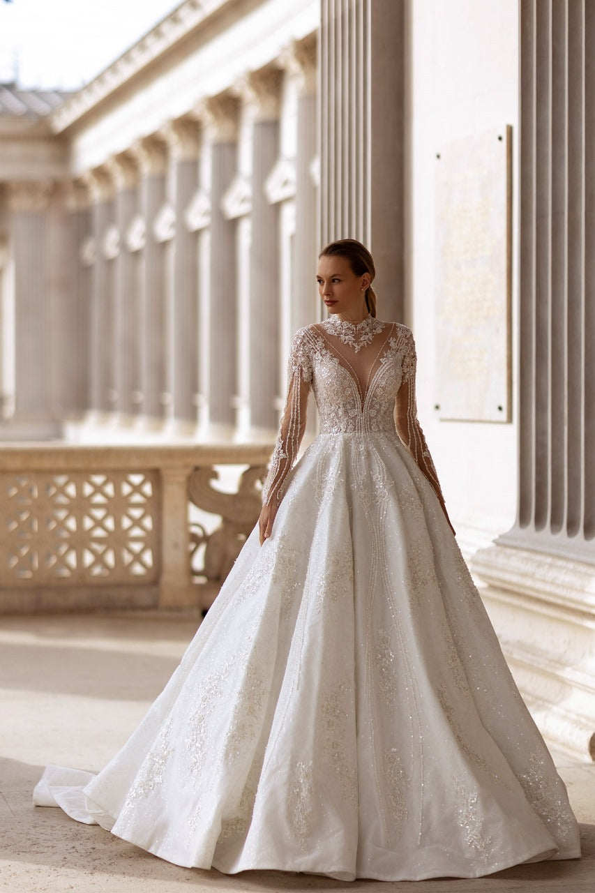 XAYWEAR Premium - High Neck Lace Ball Gown with Illusion Sleeves - XAYWEAR