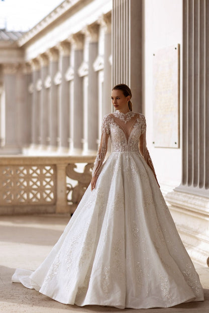 XAYWEAR Premium - High Neck Lace Ball Gown with Illusion Sleeves - XAYWEAR