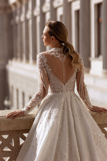 XAYWEAR Premium - High Neck Lace Ball Gown with Illusion Sleeves - XAYWEAR