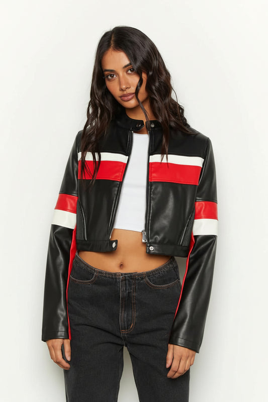 XAYWEAR black strip leather jacket with red and white stripes, cropped fit on model