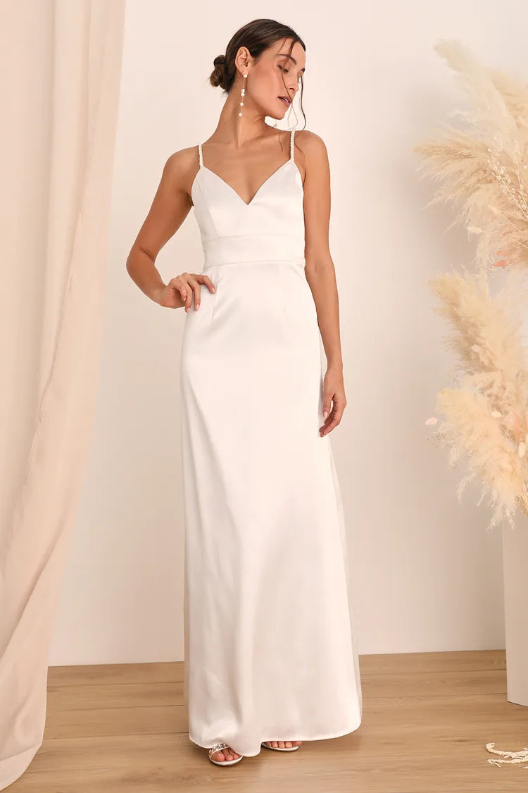 XAYWEAR elegant white bridal dress gown with spaghetti straps and fitted waist for weddings