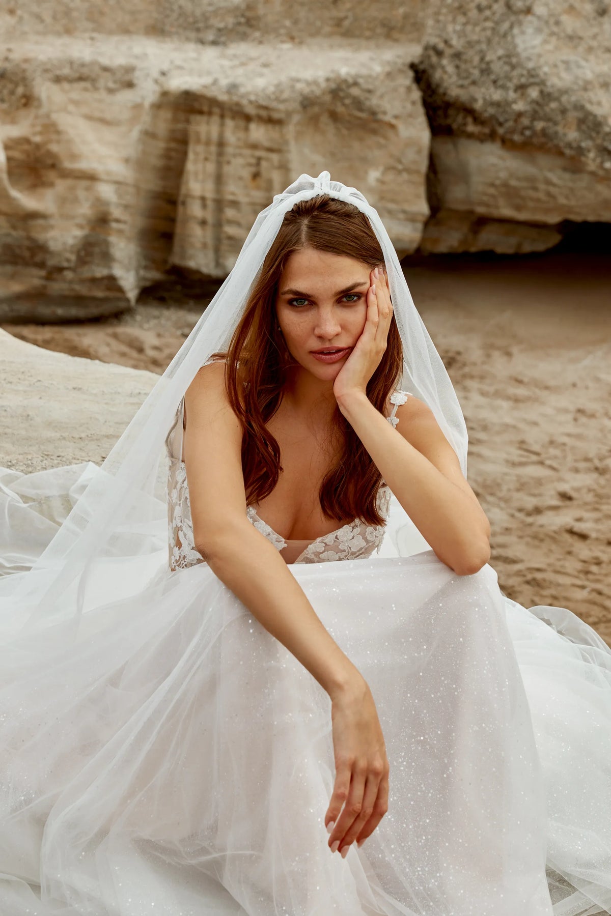 XAYWEAR elegant wedding dress with lace bodice and tulle skirt worn by bride outdoors