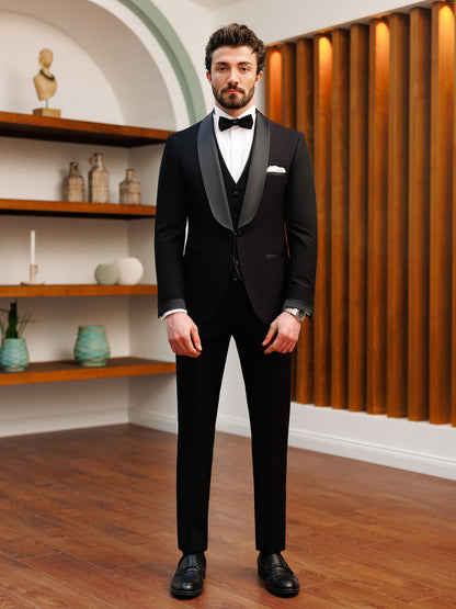 XAYWEAR Men's Stylish Formal Black Slim-Fit Tuxedo 3-Piece Suit