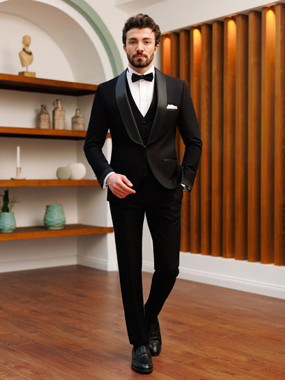 XAYWEAR Men's Stylish Formal Black Slim-Fit Tuxedo 3-Piece Suit