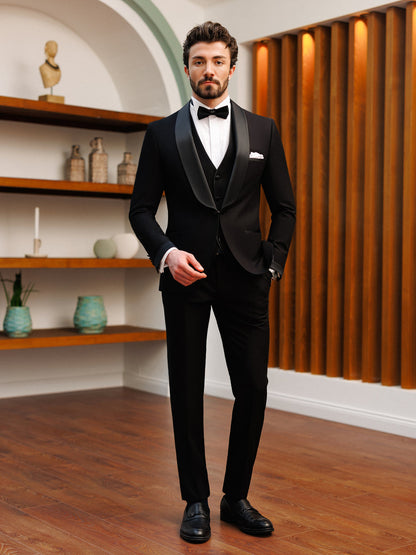 XAYWEAR Men's Stylish Formal Black Slim-Fit Tuxedo 3-Piece Suit