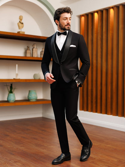 XAYWEAR Men's Stylish Formal Black Slim-Fit Tuxedo 3-Piece Suit