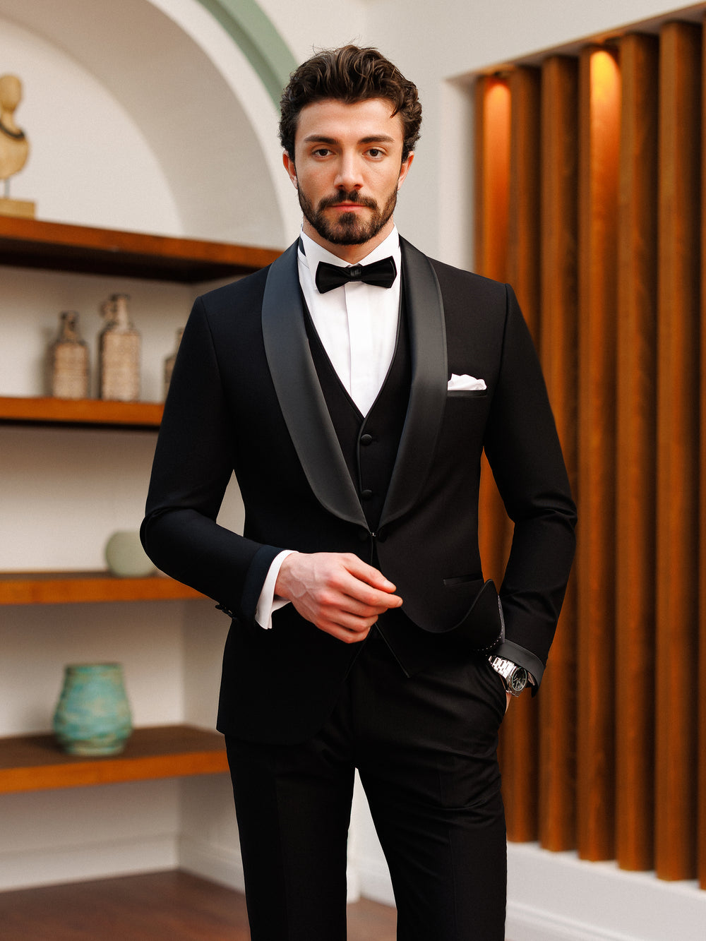 XAYWEAR Men's Stylish Formal Black Slim-Fit Tuxedo 3-Piece Suit