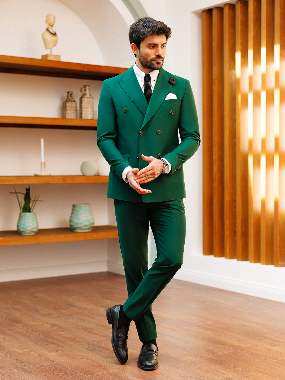 XAYWEAR Green Double Breasted 2-Piece Suit For Men
