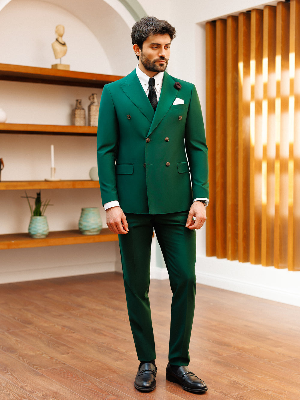 XAYWEAR Green Double Breasted 2-Piece Suit For Men