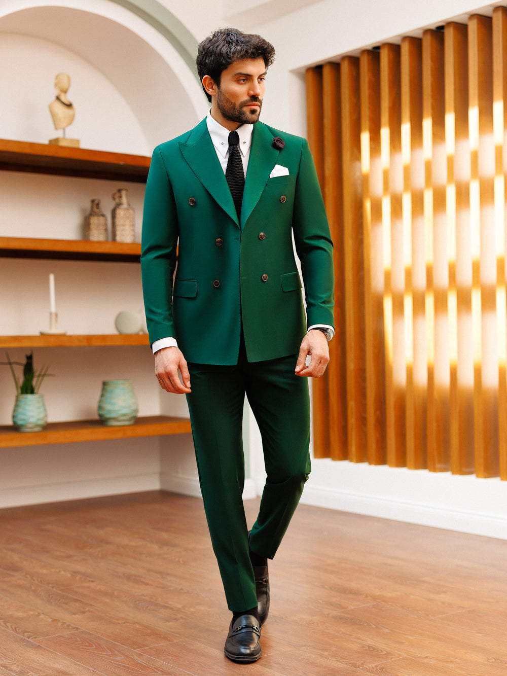 XAYWEAR Green Double Breasted 2-Piece Suit For Men