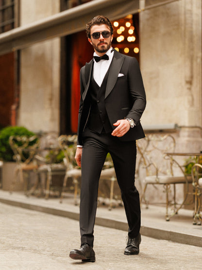 XAYWEAR Black Formal Slim-Fit Tuxedo 3-Piece Suit For Men