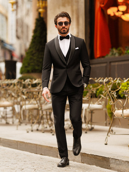 XAYWEAR Black Slim-Fit Tuxedo 3-Piece Suit For Men