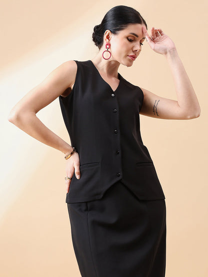 XAYWEAR black sleeveless waistcoat top with button front and pockets for women