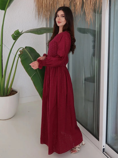 XAYWEAR Women's Winslie Plum Cutwork Embroidered Smocked Long Dress