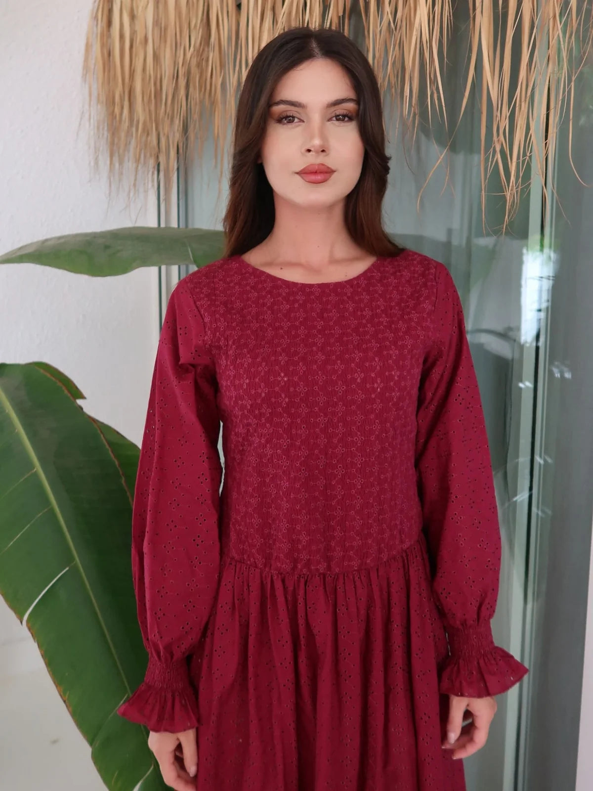 XAYWEAR Women's Winslie Plum Cutwork Embroidered Smocked Long Dress