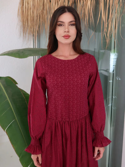 XAYWEAR Women's Winslie Plum Cutwork Embroidered Smocked Long Dress
