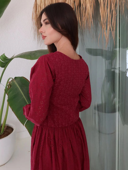 XAYWEAR Women's Winslie Plum Cutwork Embroidered Smocked Long Dress