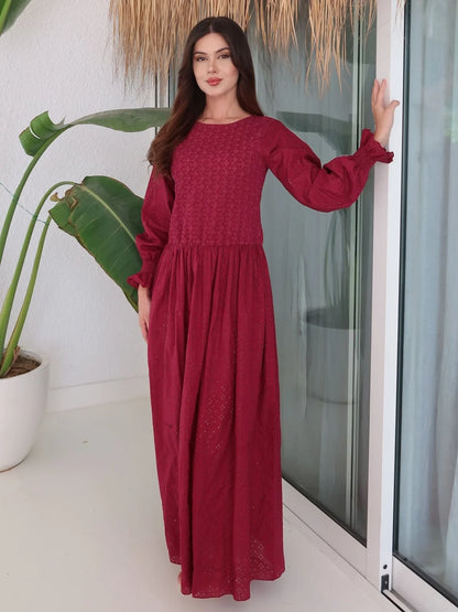 XAYWEAR Women's Winslie Plum Cutwork Embroidered Smocked Long Dress
