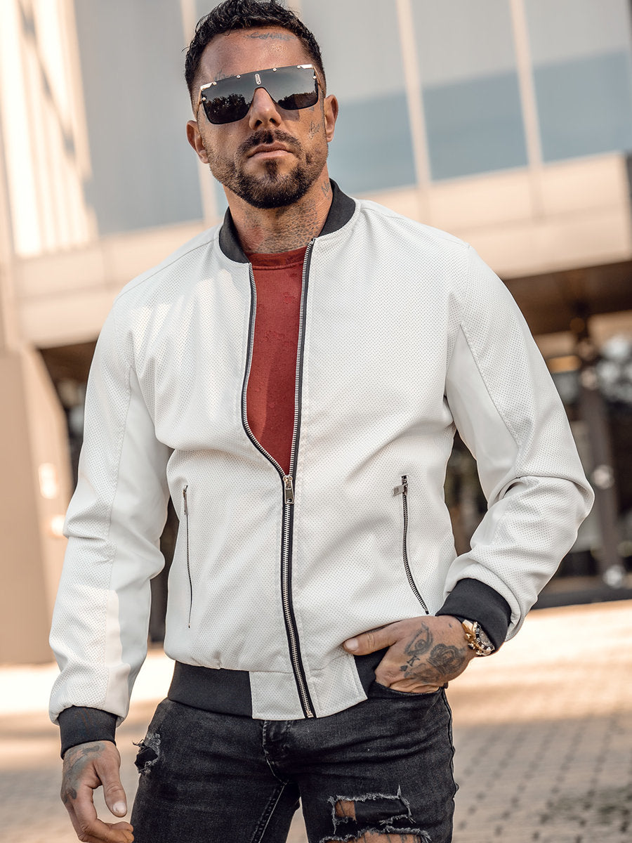 XAYWEAR white leather jacket bomber style with black trim worn by a man outdoors