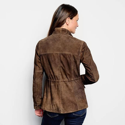 Back view of XAYWEAR brown suede women jacket with stand collar and fitted waist