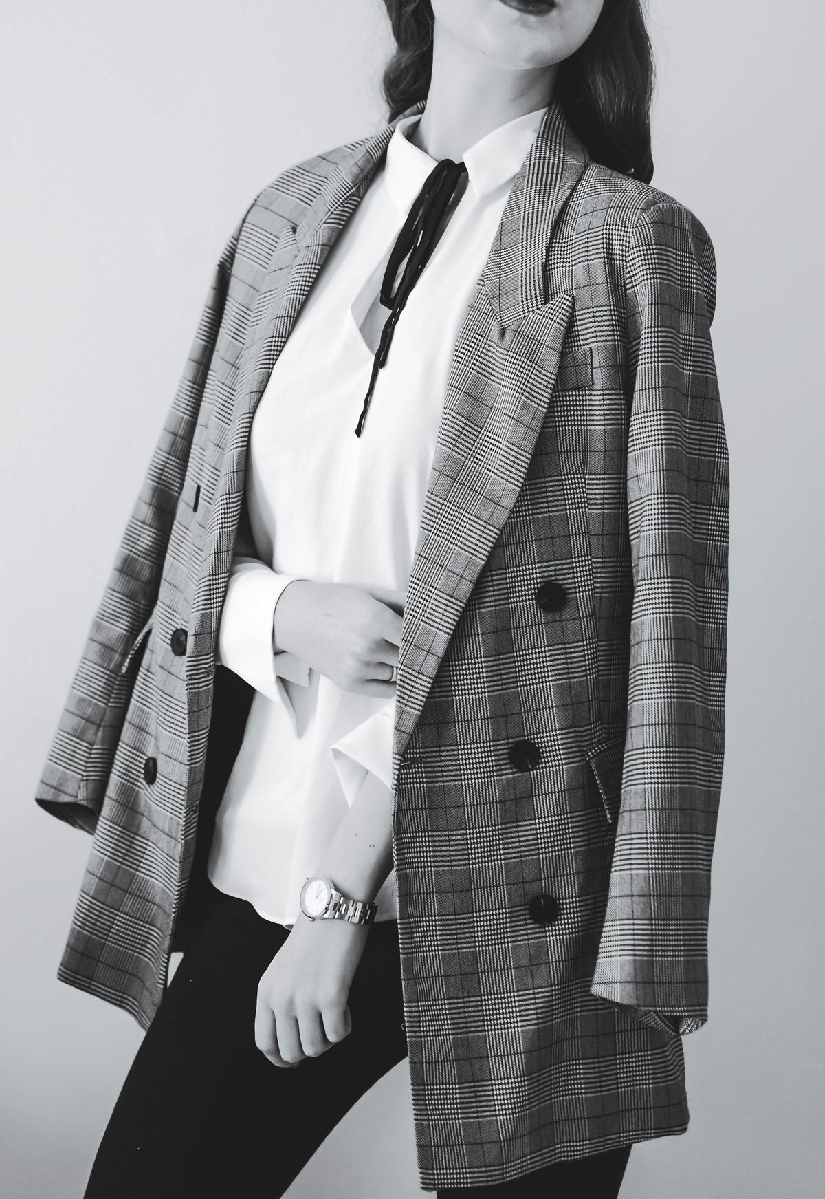 XAYWEAR women white shirt paired with a plaid double-breasted blazer and black pants