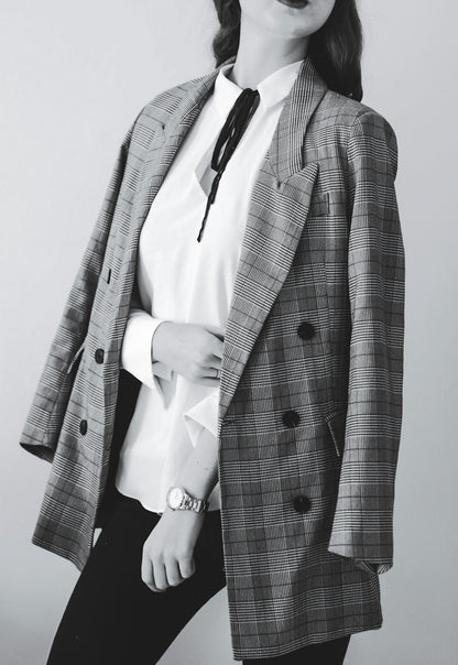 XAYWEAR women white shirt paired with a plaid double-breasted blazer and black pants