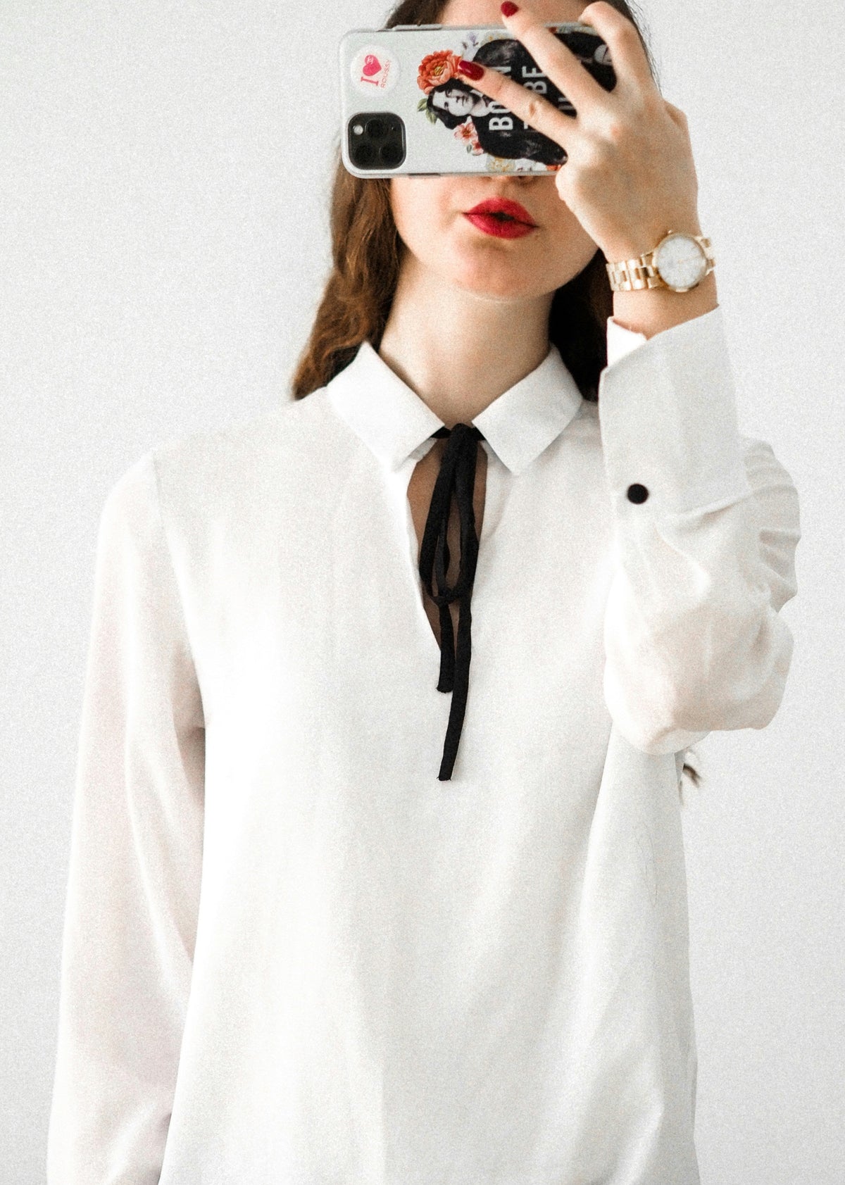 XAYWEAR women white shirt with black ribbon tie collar and long sleeves