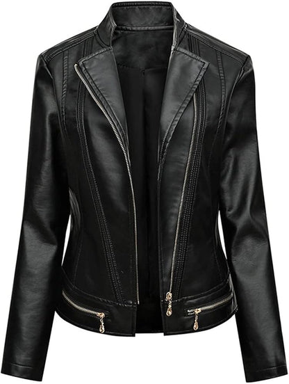 XAYWEAR black leather jacket for women biker jacket with zippered pockets and sleek design