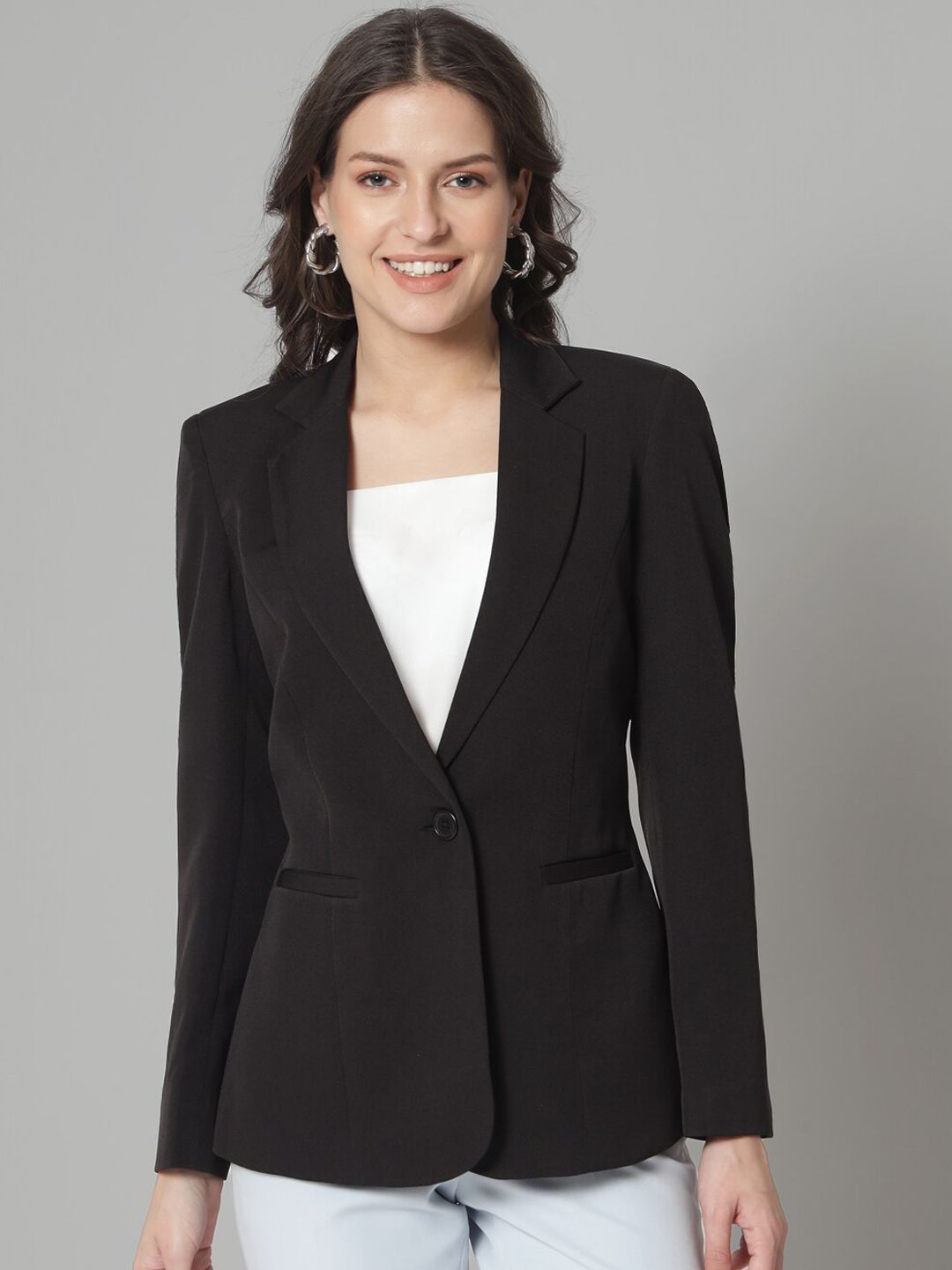 Stylish women's classic black blazer by XAYWEAR with a tailored fit and single-button closure