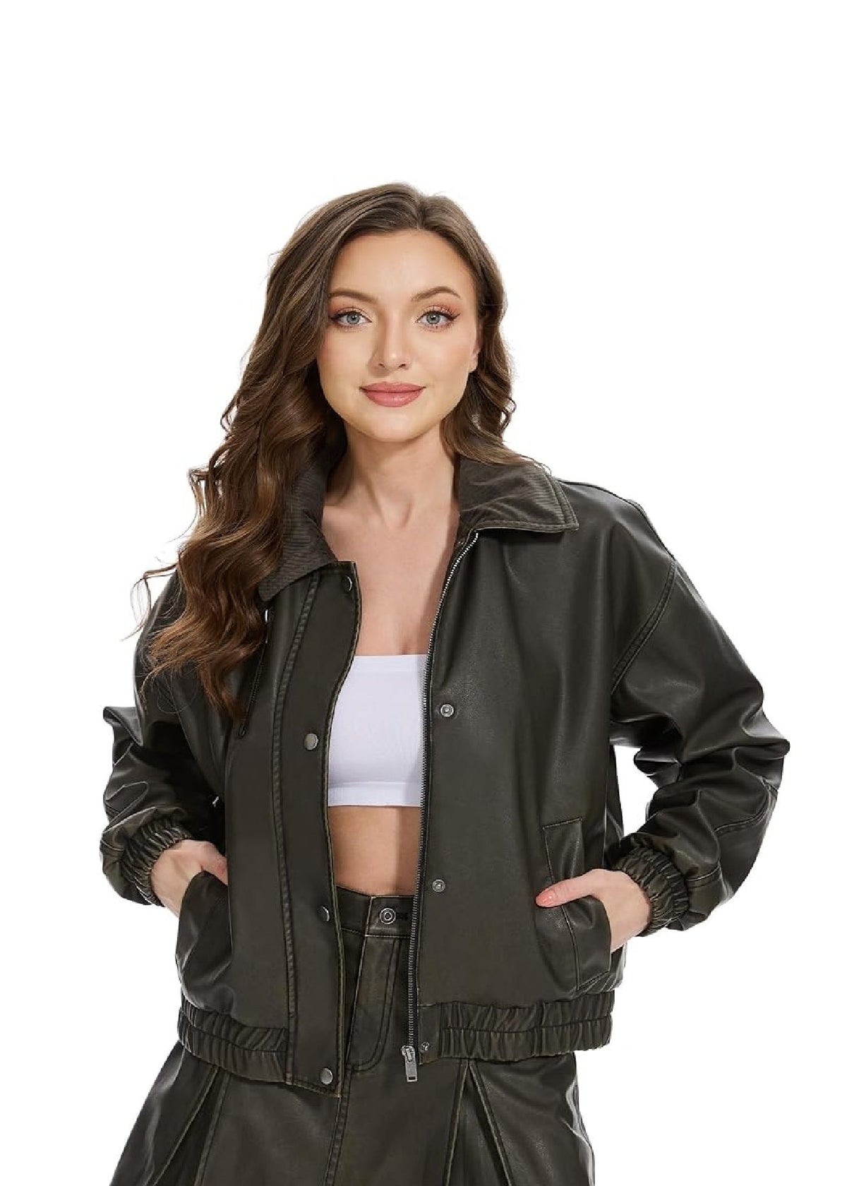 XAYWEAR Women's Faux Leather Bomber Jacket