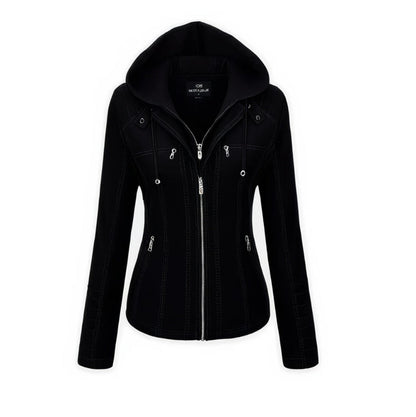 XAYWEAR black leather jacket for women with hood and front zipper pockets