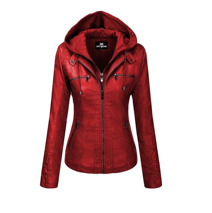 XAYWEAR red leather jacket for women with a hood and zippered pockets