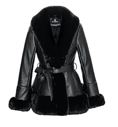 XAYWEAR black winter leather jacket for women with fur collar, cuffs, and waist belt